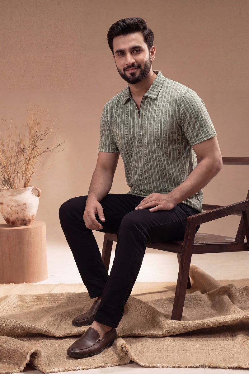 Men’s Vertical Stripe Old Money Polo Shirt | Zipper Coller (Pista)