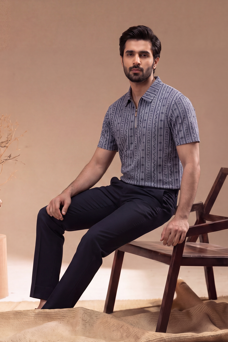 Men’s Vertical Stripe Old Money Polo Shirt | Zipper Coller (Gray)