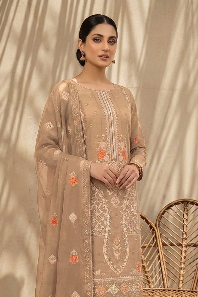 Mughal-E-Azam by Breeza Fashion - 3PC Unstitched Embroidered Lawn Suit (Beige)