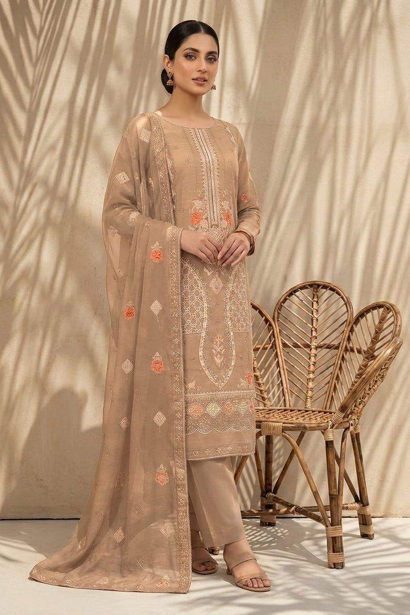 Mughal-E-Azam by Breeza Fashion - 3PC Unstitched Embroidered Lawn Suit (Beige)
