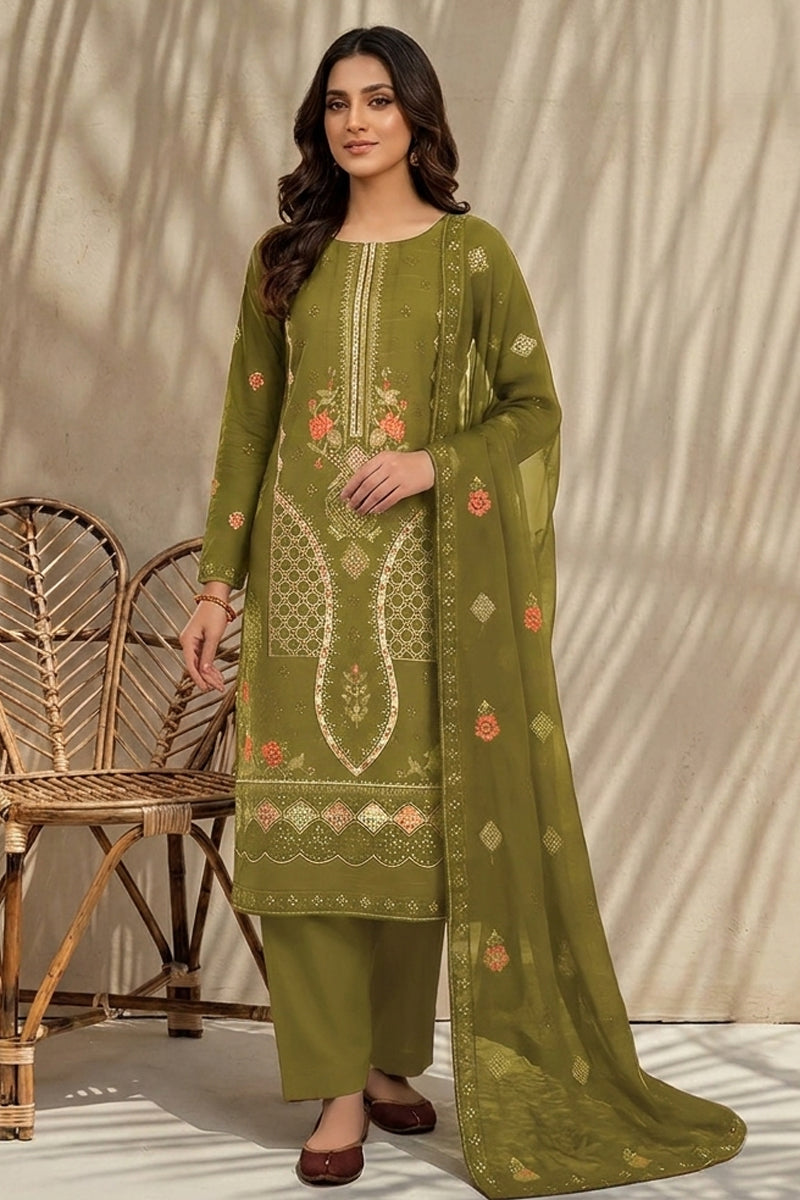 Mughal-E-Azam by Breeza Fashion - 3PC Unstitched Embroidered Lawn Suit (Olive Green)