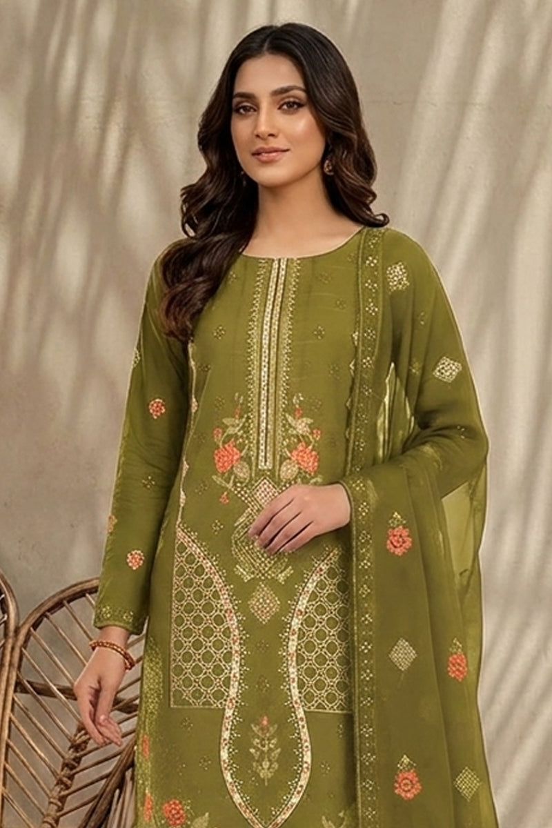 Mughal-E-Azam by Breeza Fashion - 3PC Unstitched Embroidered Lawn Suit (Olive Green)