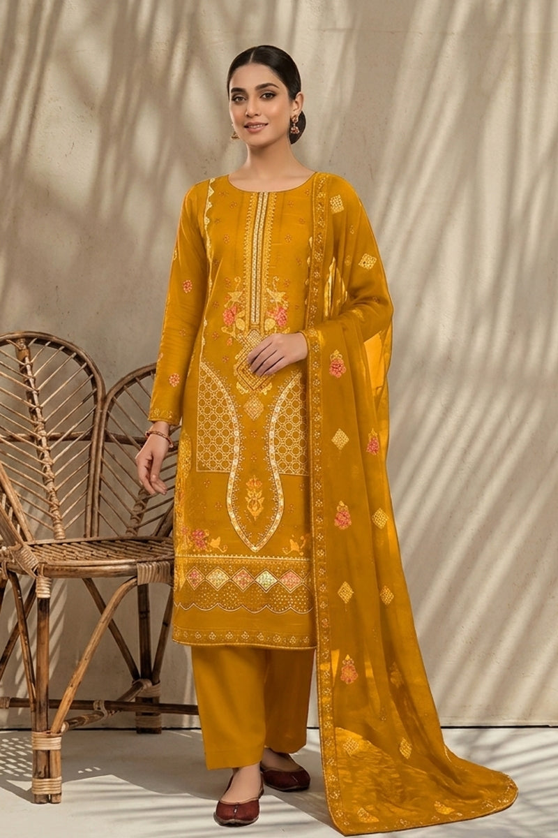 Mughal-E-Azam by Breeza Fashion - 3PC Unstitched Embroidered Lawn Suit (Yellow)