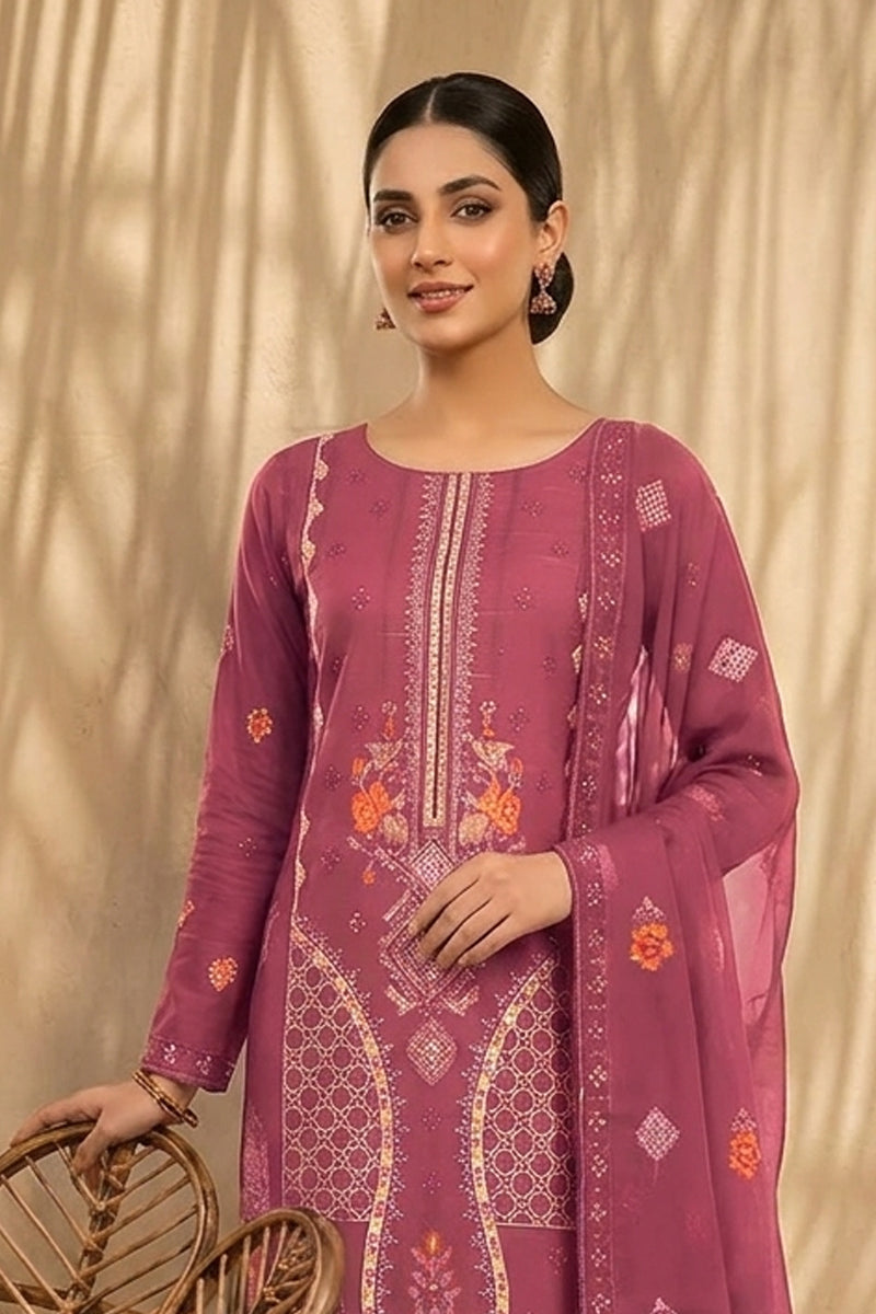Mughal-E-Azam by Breeza Fashion - 3PC Unstitched Embroidered Lawn Suit (Pink)