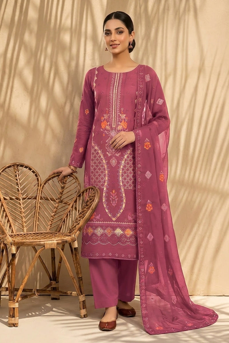 Mughal-E-Azam by Breeza Fashion - 3PC Unstitched Embroidered Lawn Suit (Pink)
