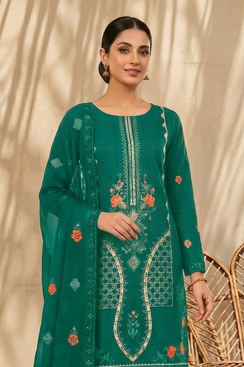 Mughal-E-Azam by Breeza Fashion - 3PC Unstitched Embroidered Lawn Suit (Dark Green)