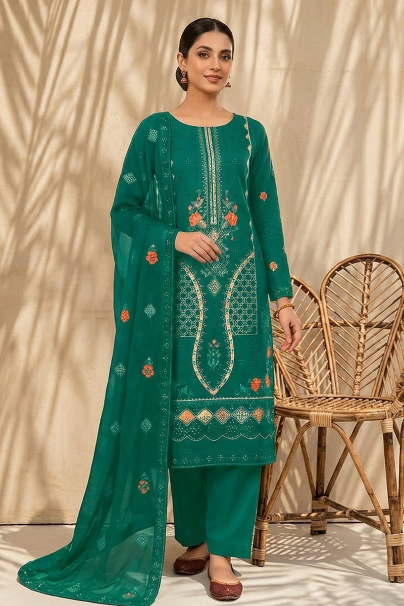 Mughal-E-Azam by Breeza Fashion - 3PC Unstitched Embroidered Lawn Suit (Dark Green)