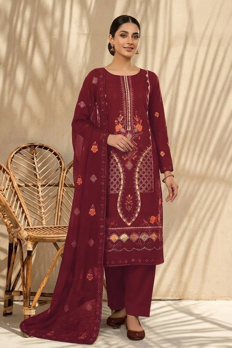 Mughal-E-Azam by Breeza Fashion - 3PC Unstitched Embroidered Lawn Suit (Maroon)