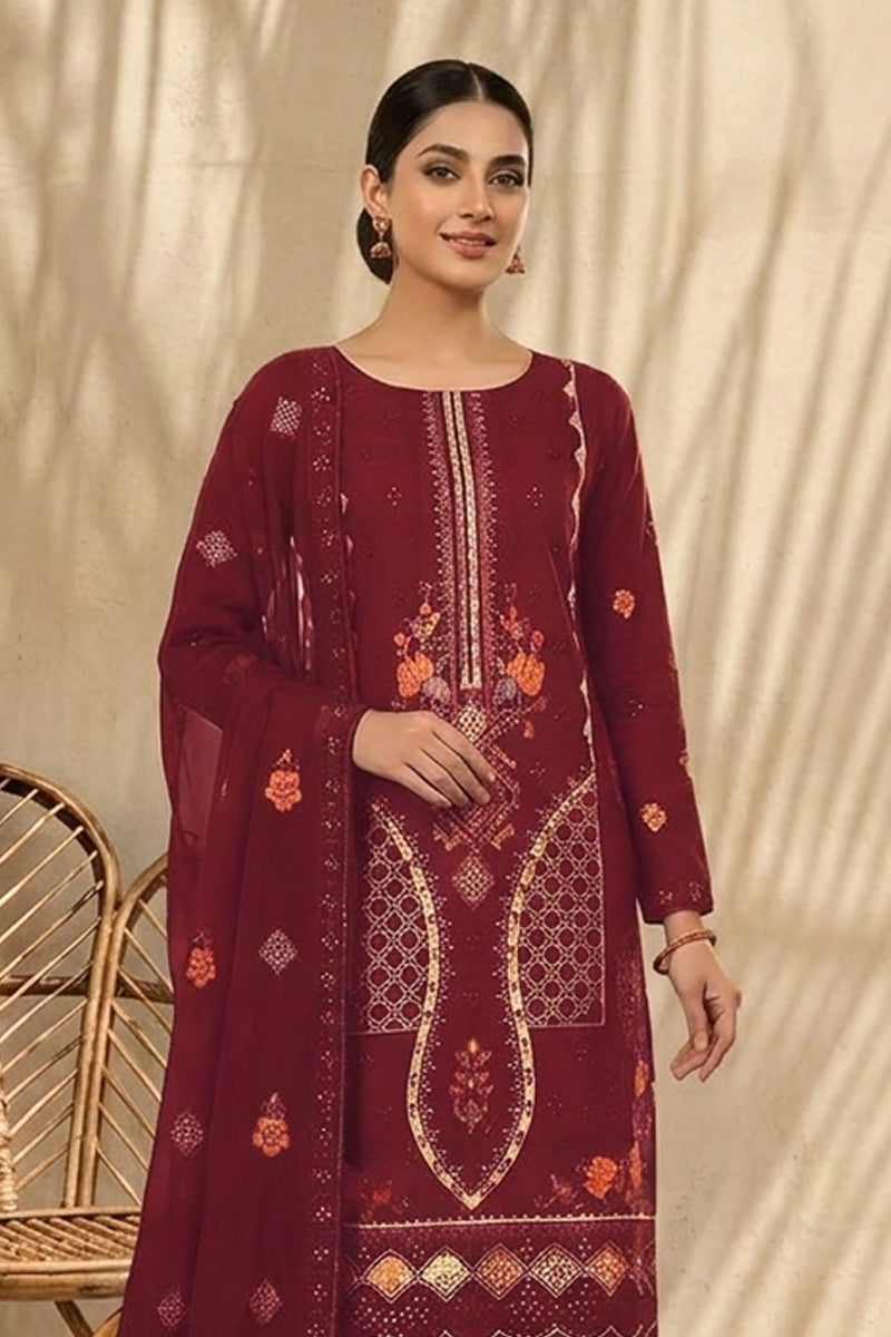Mughal-E-Azam by Breeza Fashion - 3PC Unstitched Embroidered Lawn Suit (Maroon)