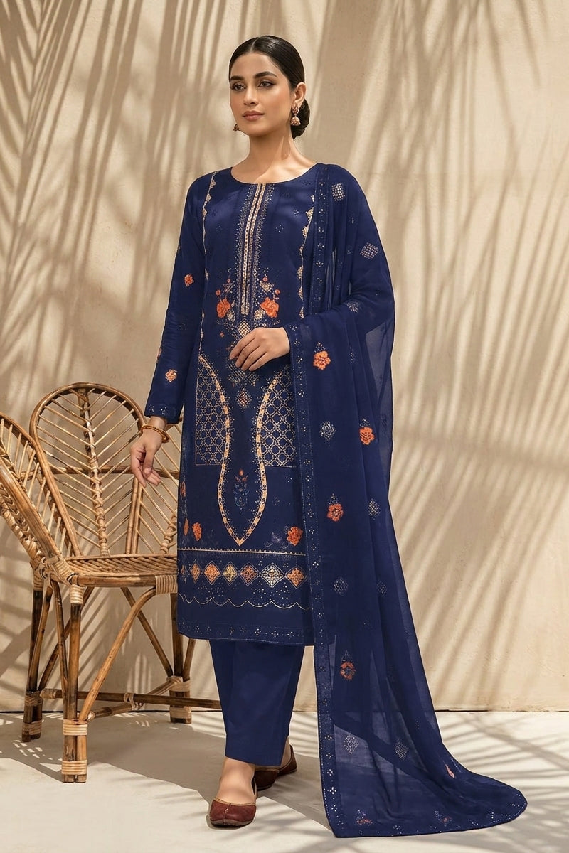 Mughal-E-Azam by Breeza Fashion - 3PC Unstitched Embroidered Lawn Suit (Navy Blue)