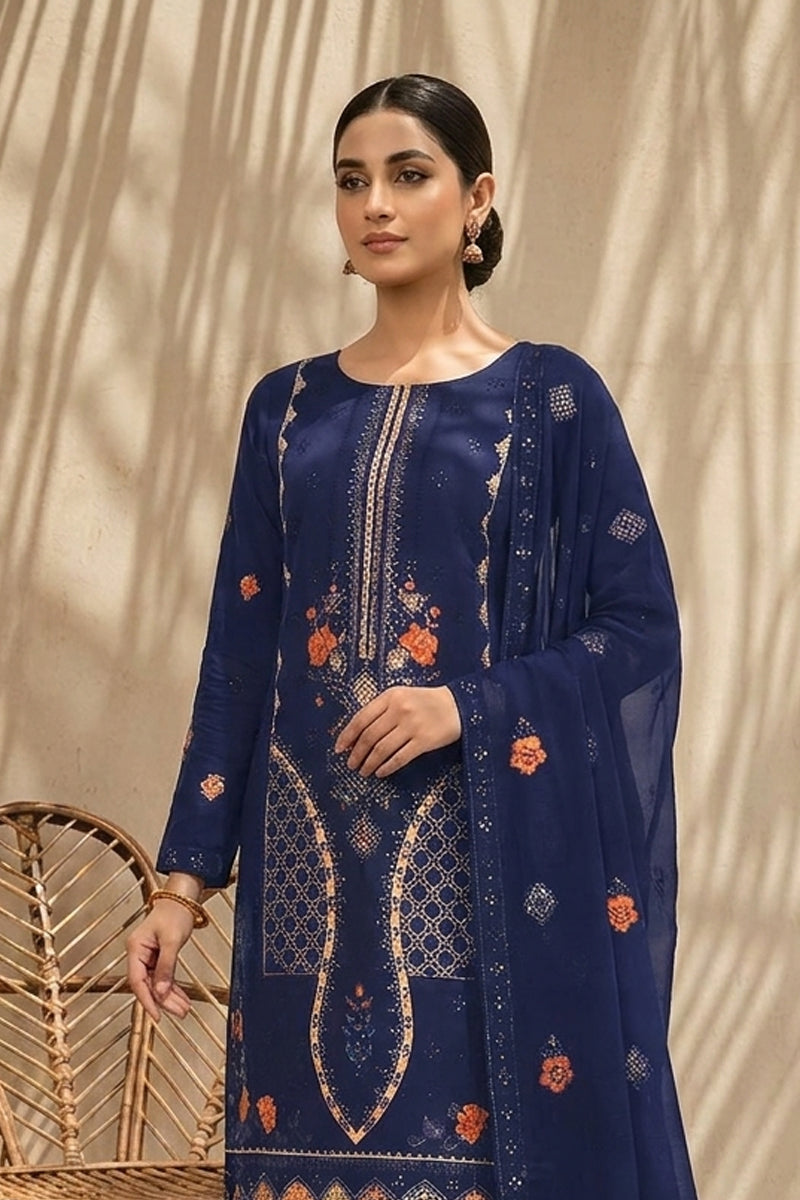 Mughal-E-Azam by Breeza Fashion - 3PC Unstitched Embroidered Lawn Suit (Navy Blue)