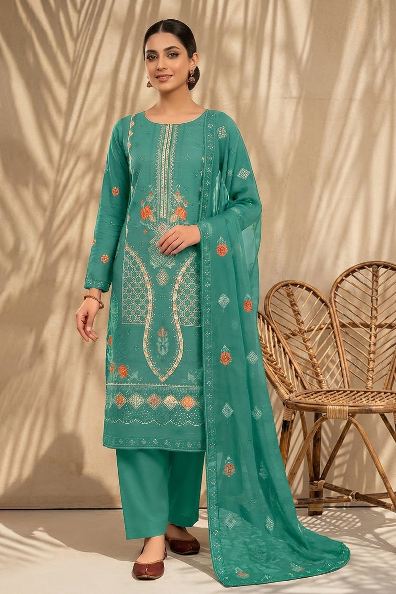 Mughal-E-Azam by Breeza Fashion - 3PC Unstitched Embroidered Lawn Suit (Teal Green)