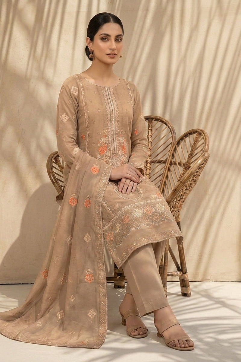 Mughal-E-Azam by Breeza Fashion - 3PC Unstitched Embroidered Lawn Suit (Beige)