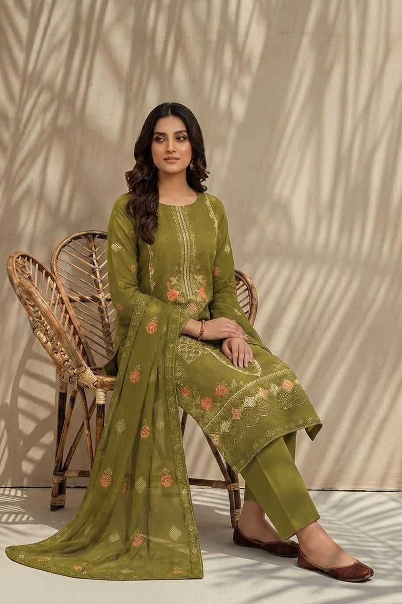 Mughal-E-Azam by Breeza Fashion - 3PC Unstitched Embroidered Lawn Suit (Olive Green)
