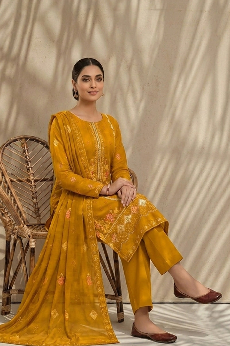 Mughal-E-Azam by Breeza Fashion - 3PC Unstitched Embroidered Lawn Suit (Yellow)