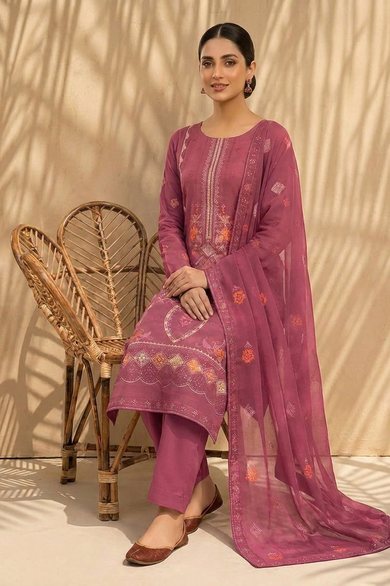 Mughal-E-Azam by Breeza Fashion - 3PC Unstitched Embroidered Lawn Suit (Pink)