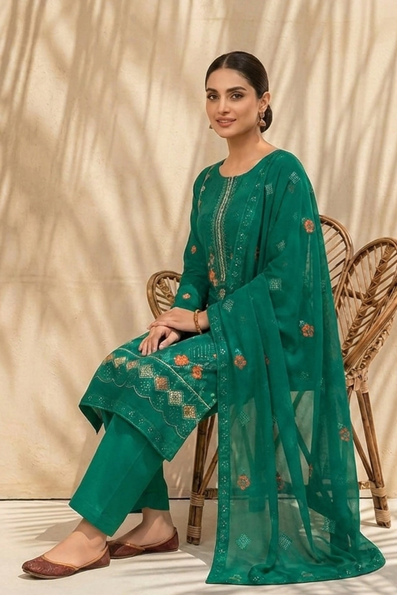 Mughal-E-Azam by Breeza Fashion - 3PC Unstitched Embroidered Lawn Suit (Dark Green)