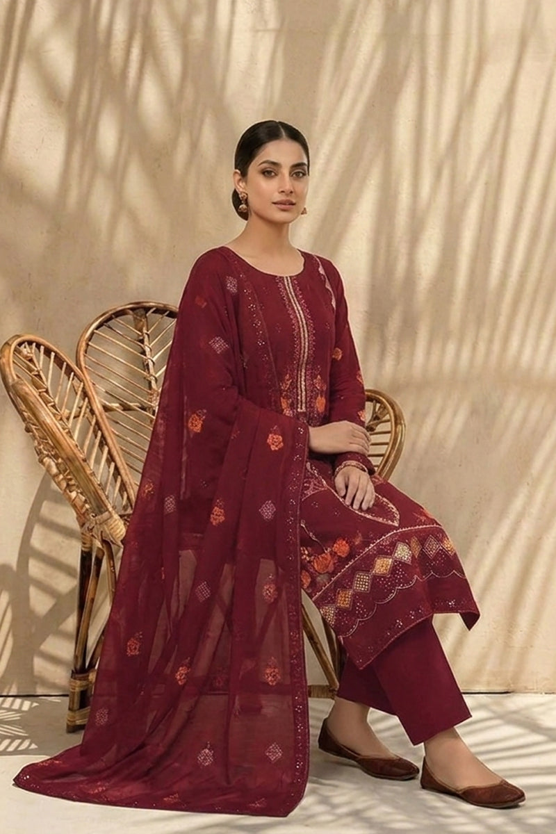 Mughal-E-Azam by Breeza Fashion - 3PC Unstitched Embroidered Lawn Suit (Maroon)