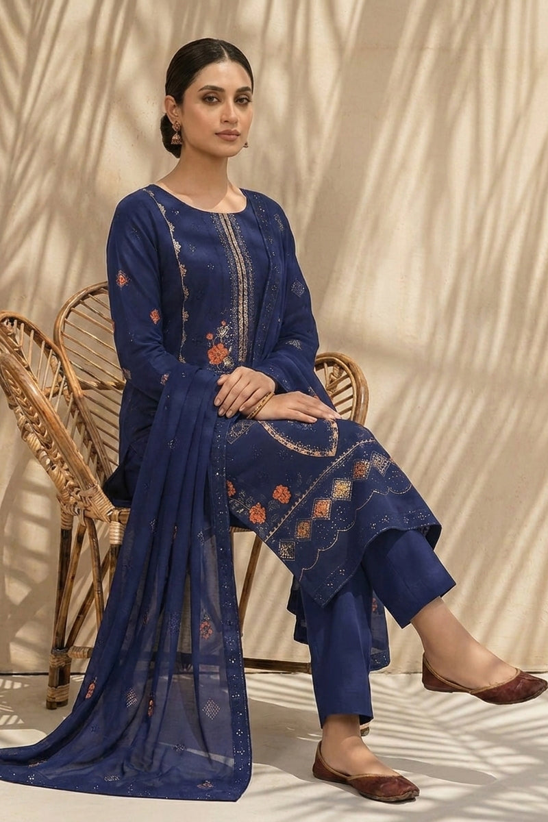 Mughal-E-Azam by Breeza Fashion - 3PC Unstitched Embroidered Lawn Suit (Navy Blue)
