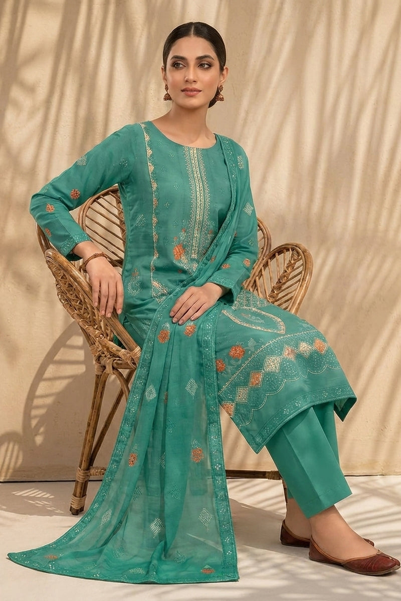 Mughal-E-Azam by Breeza Fashion - 3PC Unstitched Embroidered Lawn Suit (Teal Green)