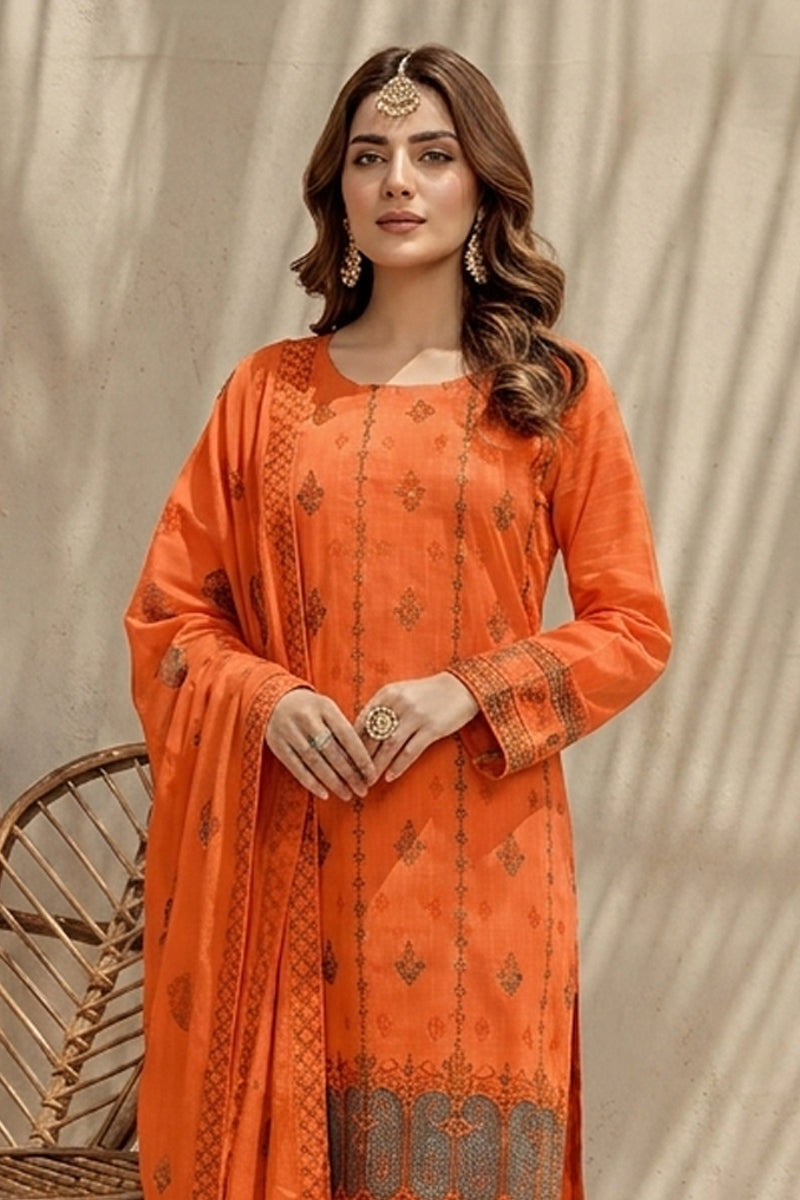 Mushk by Breeza Fashion - 3PC Unstitched Embroidered Lawn Suit (Orange)