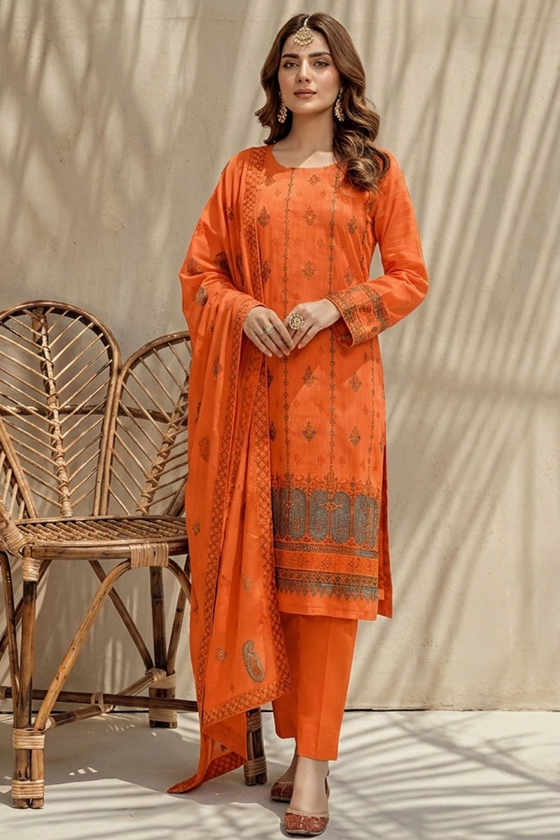 Mushk by Breeza Fashion - 3PC Unstitched Embroidered Lawn Suit (Orange)