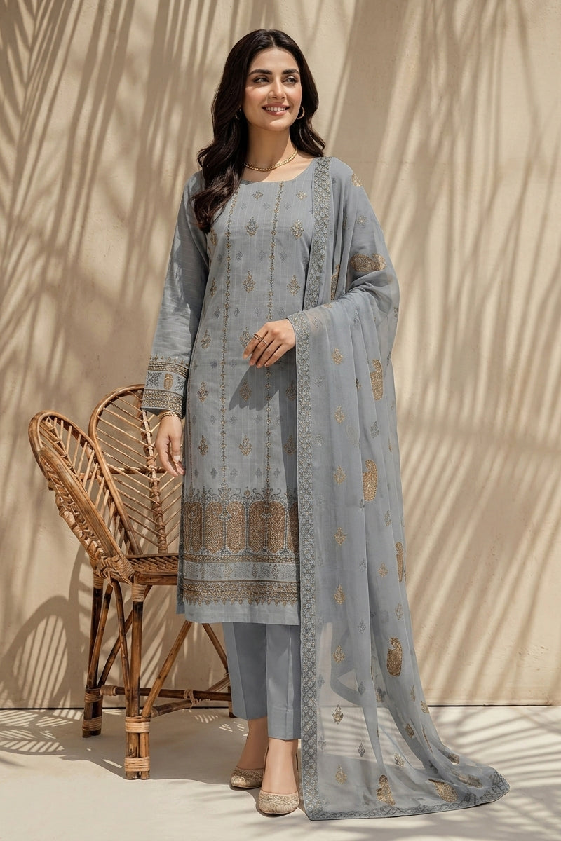 Mushk by Breeza Fashion - 3PC Unstitched Embroidered Lawn Suit (Gray)