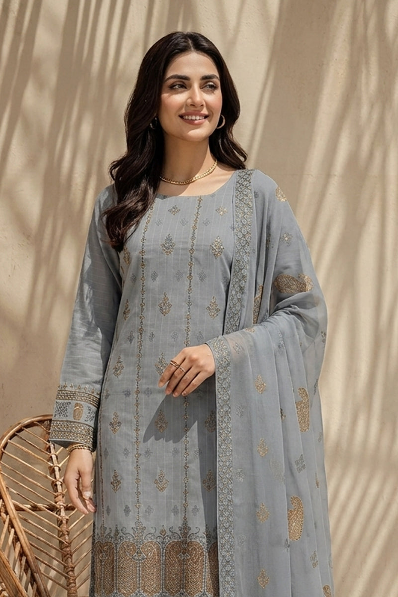 Mushk by Breeza Fashion - 3PC Unstitched Embroidered Lawn Suit (Gray)