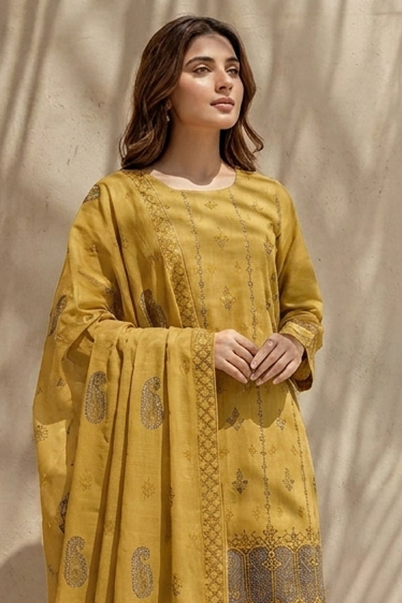 Mushk by Breeza Fashion - 3PC Unstitched Embroidered Lawn Suit (Mustard)
