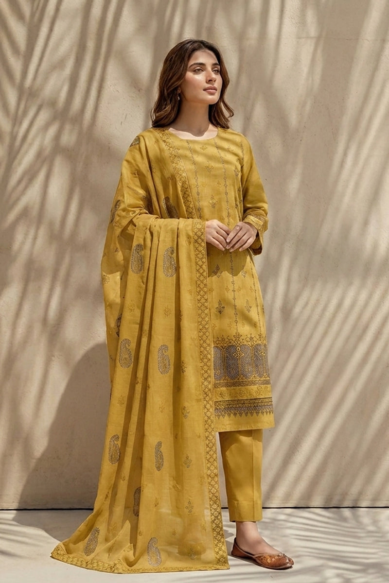 Mushk by Breeza Fashion - 3PC Unstitched Embroidered Lawn Suit (Mustard)