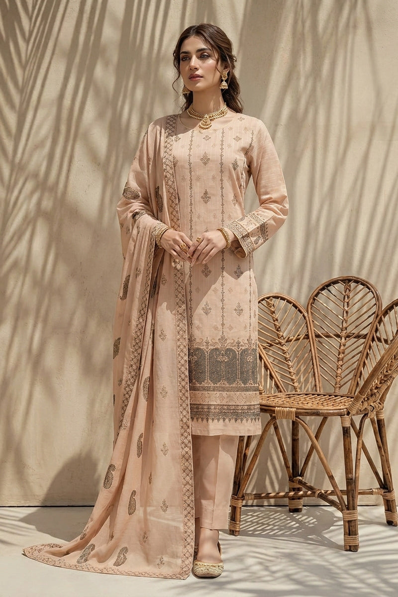 Mushk by Breeza Fashion - 3PC Unstitched Embroidered Lawn Suit (Beige)