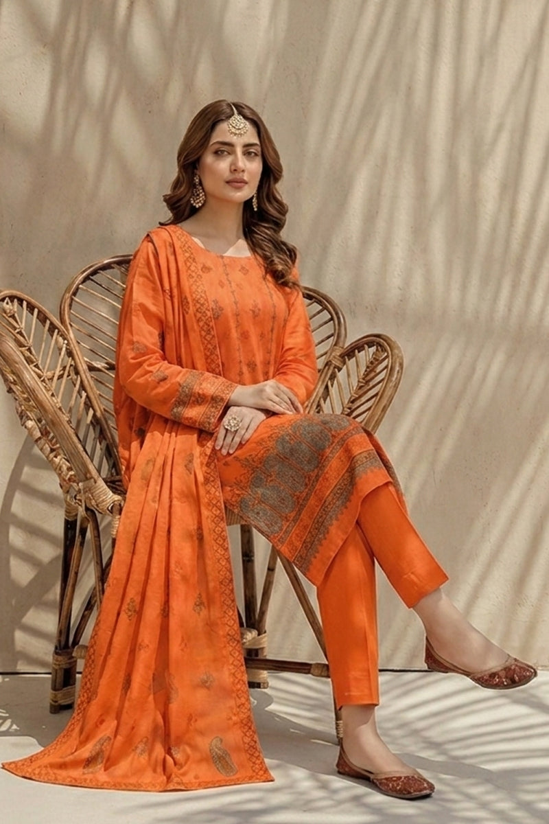 Mushk by Breeza Fashion - 3PC Unstitched Embroidered Lawn Suit (Orange)