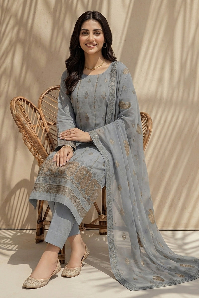 Mushk by Breeza Fashion - 3PC Unstitched Embroidered Lawn Suit (Gray)