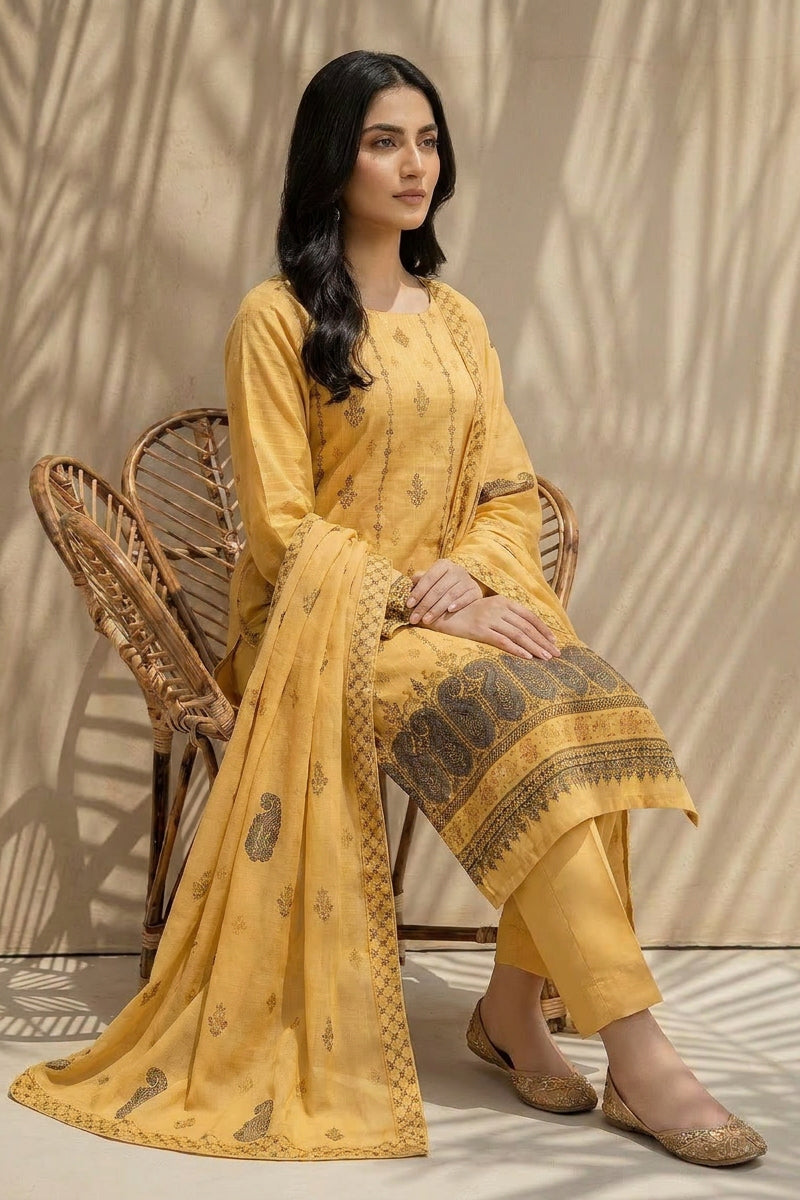 Mushk by Breeza Fashion - 3PC Unstitched Embroidered Lawn Suit (Yellow)
