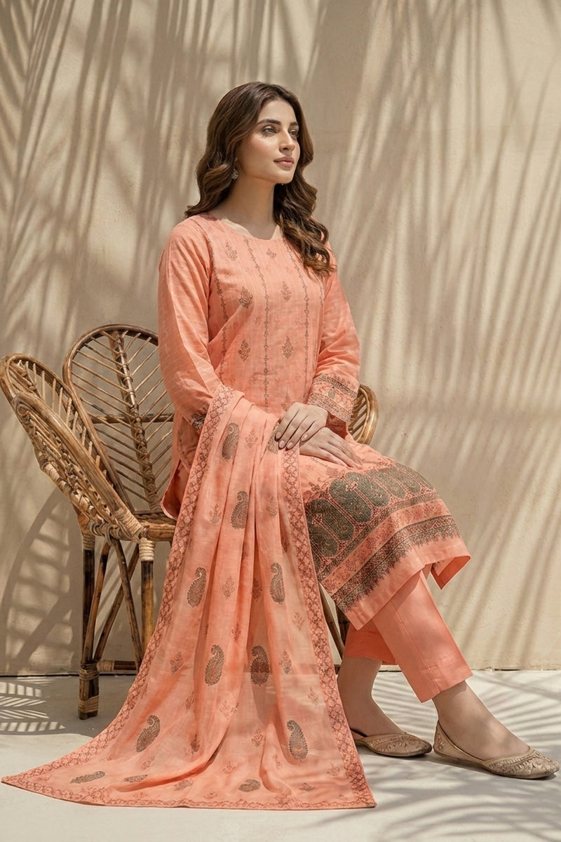 Mushk by Breeza Fashion - 3PC Unstitched Embroidered Lawn Suit (Peach)