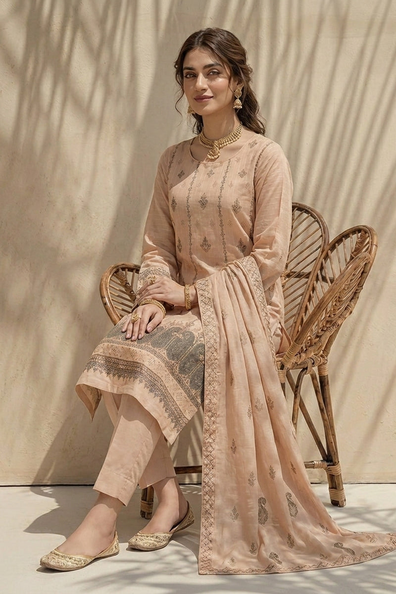 Mushk by Breeza Fashion - 3PC Unstitched Embroidered Lawn Suit (Beige)