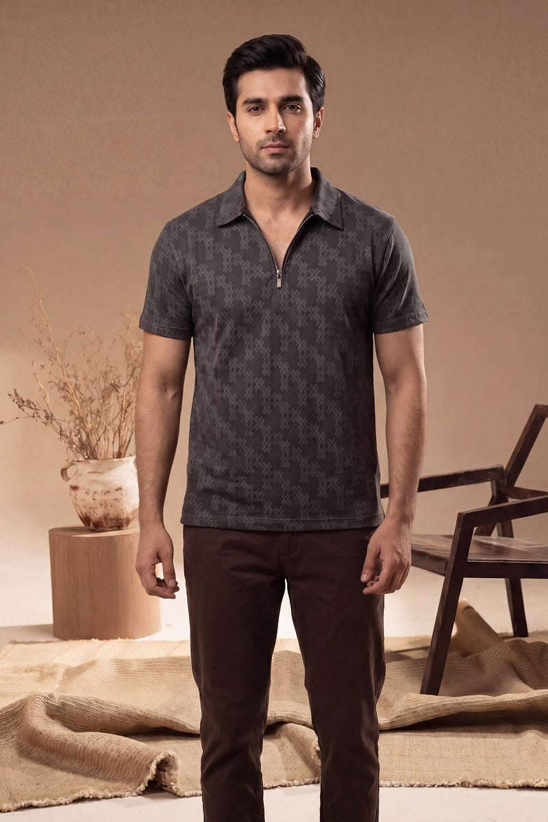 Men’s Vertical Stripe Old Money Polo Shirt | Zipper Coller (Dark Brown)