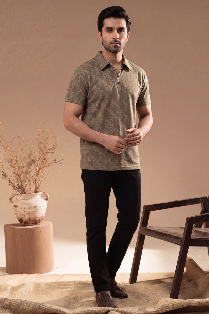 Men’s Vertical Stripe Old Money Polo Shirt | Zipper Coller (Brown)