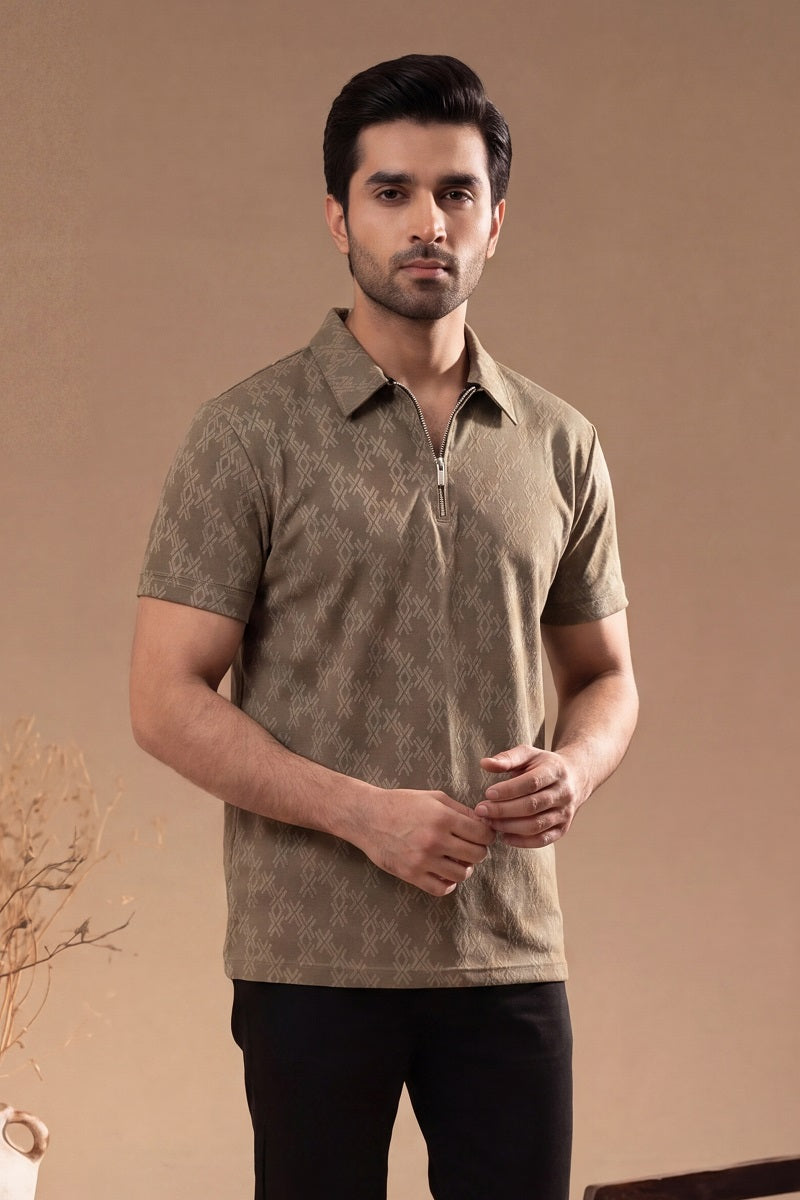 Men’s Vertical Stripe Old Money Polo Shirt | Zipper Coller (Brown)