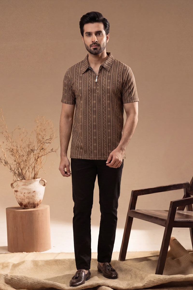 Men’s Vertical Stripe Old Money Polo Shirt | Zipper Coller (Brown)