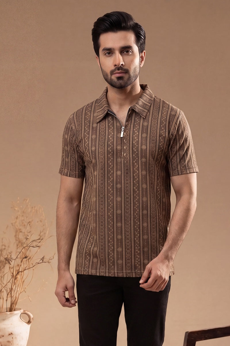Men’s Vertical Stripe Old Money Polo Shirt | Zipper Coller (Brown)