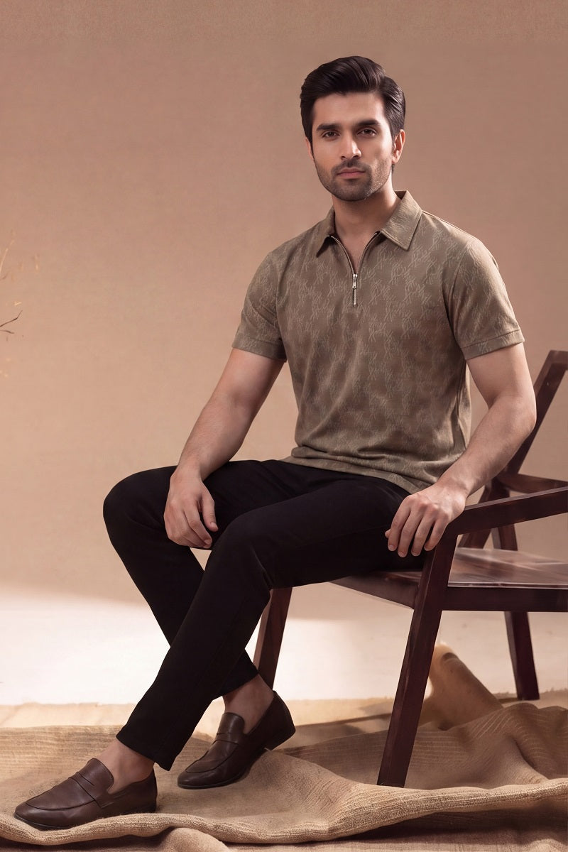 Men’s Vertical Stripe Old Money Polo Shirt | Zipper Coller (Brown)