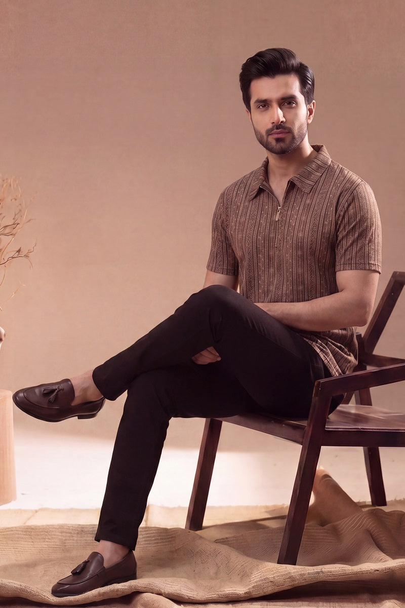 Men’s Vertical Stripe Old Money Polo Shirt | Zipper Coller (Brown)