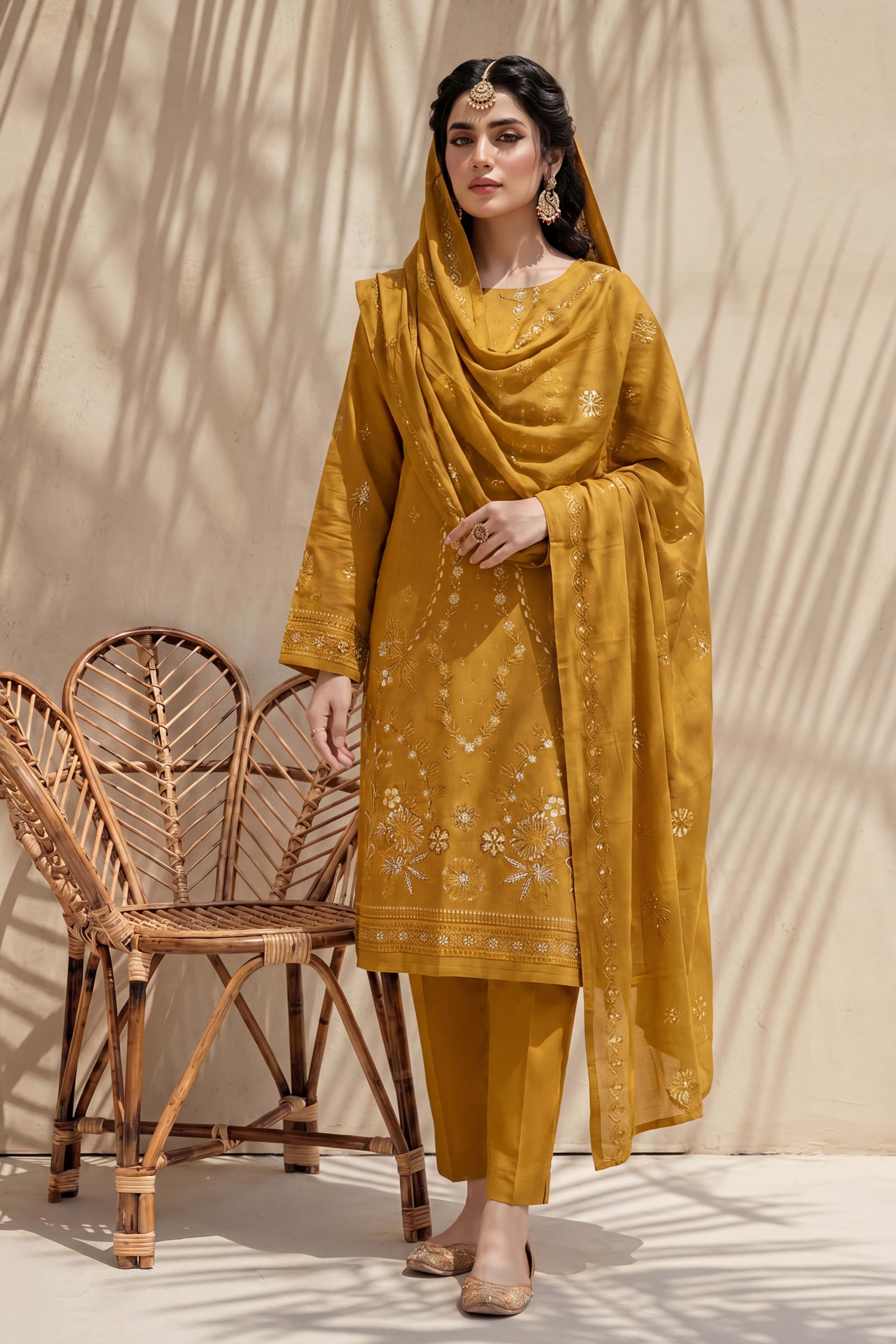 Parishey by Breeza Fashion - 3PC Unstitched Embroidered Lawn Suit (Mustard)