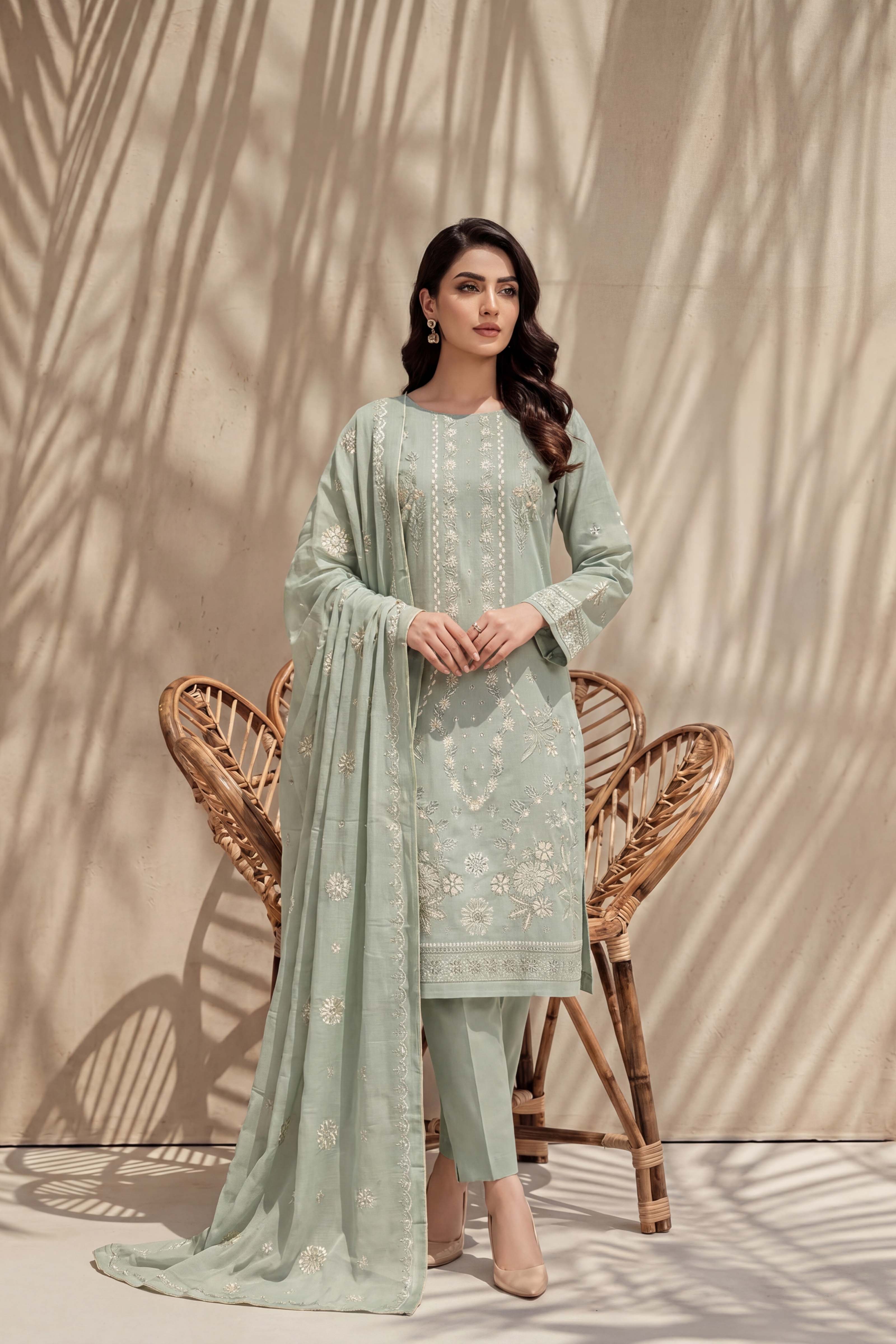 Parishey by Breeza Fashion - 3PC Unstitched Embroidered Lawn Suit (Pista)