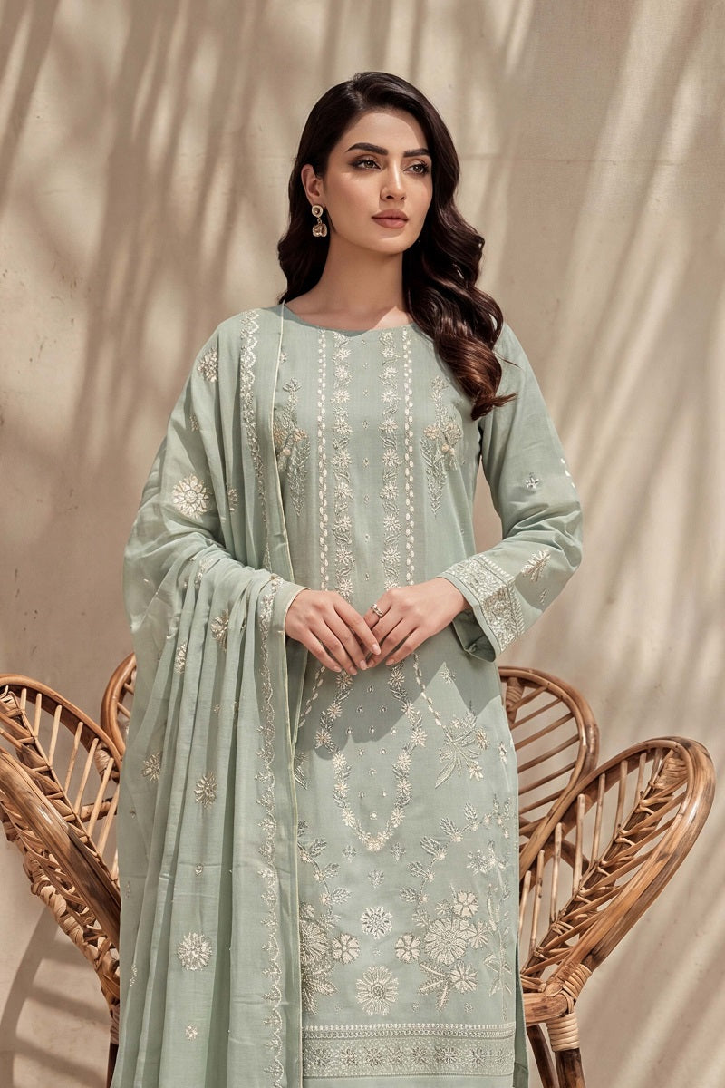 Parishey by Breeza Fashion - 3PC Unstitched Embroidered Lawn Suit (Pista)