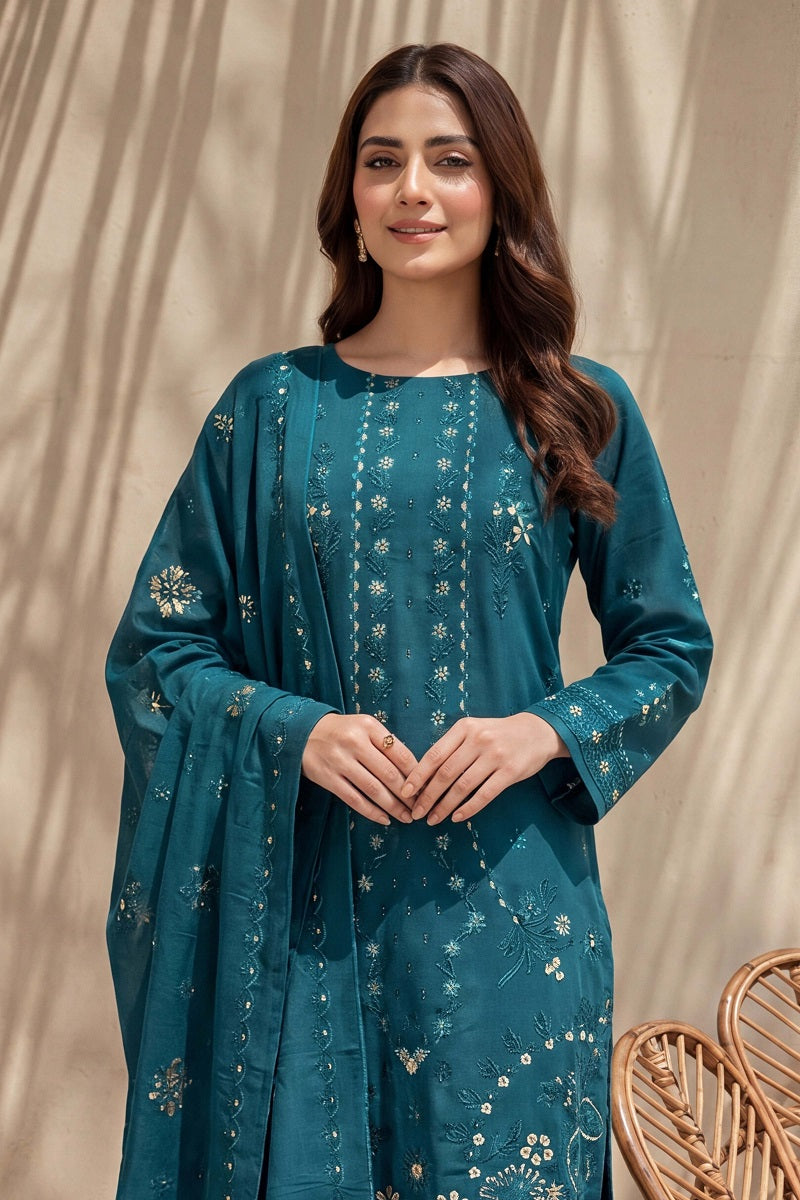 Parishey by Breeza Fashion - 3PC Unstitched Embroidered Lawn Suit (Teal Blue)