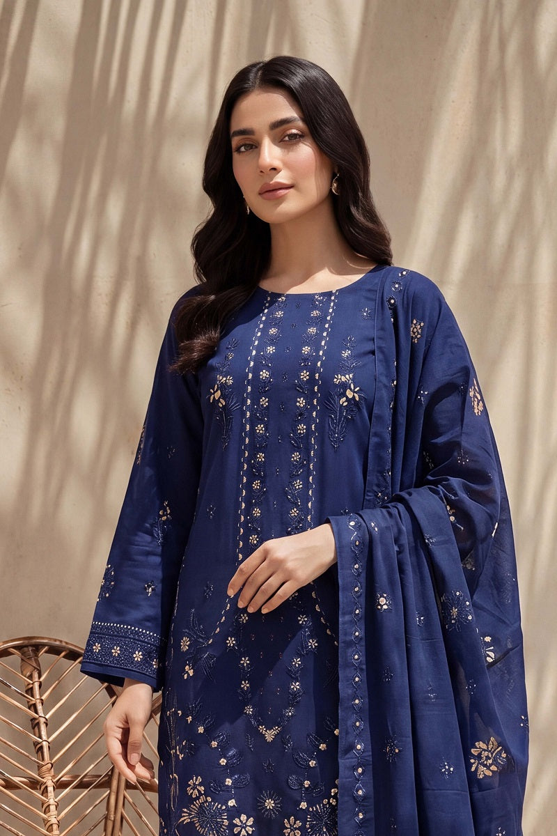 Parishey by Breeza Fashion - 3PC Unstitched Embroidered Lawn Suit (Navy Blue)