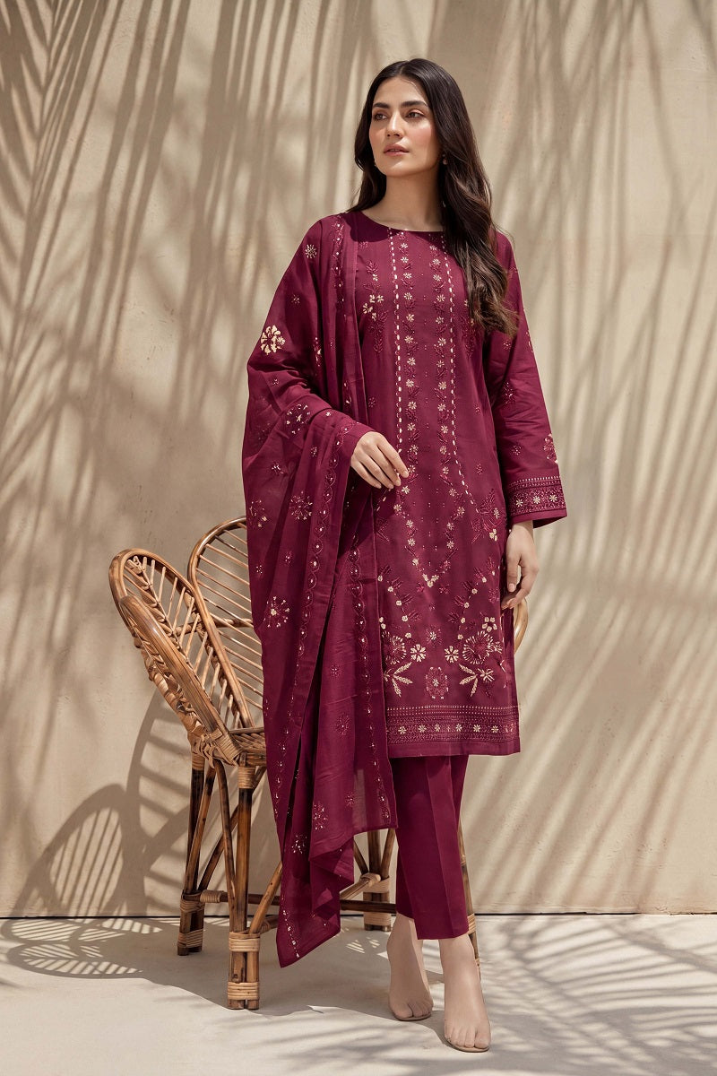 Parishey by Breeza Fashion - 3PC Unstitched Embroidered Lawn Suit (Maroon)