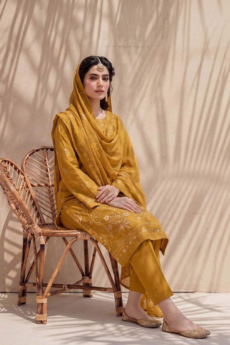 Parishey by Breeza Fashion - 3PC Unstitched Embroidered Lawn Suit (Mustard)